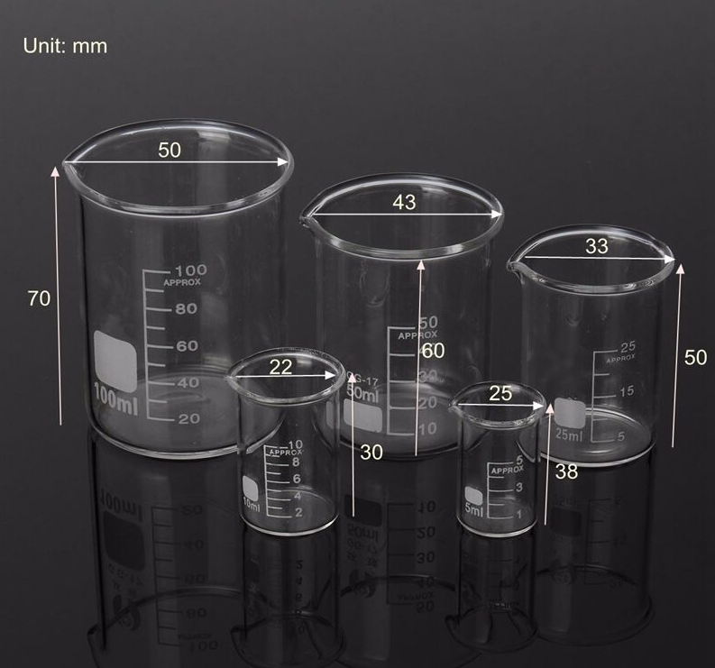 5pcs/set Glass Beaker 5/10/25/50/100ml Laboratory Measuring Cup Glassware For