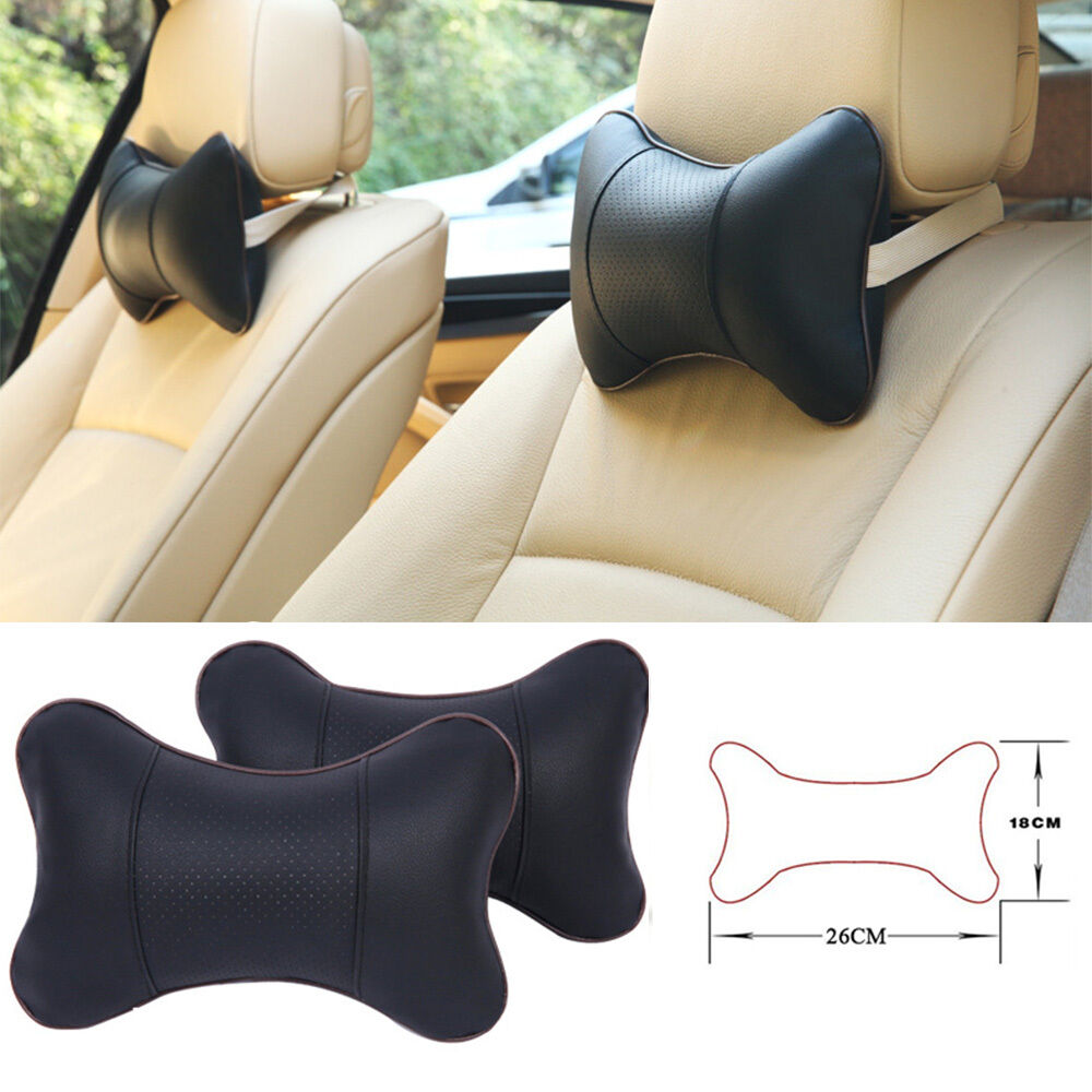 2x Universal PU Leather Car Seat Headrest Head Neck Support Pillow Soft Cushion