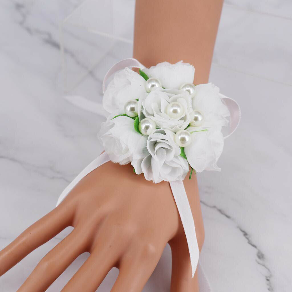 Wedding bracelet flowers bow leaves flower girl bridesmaid, white