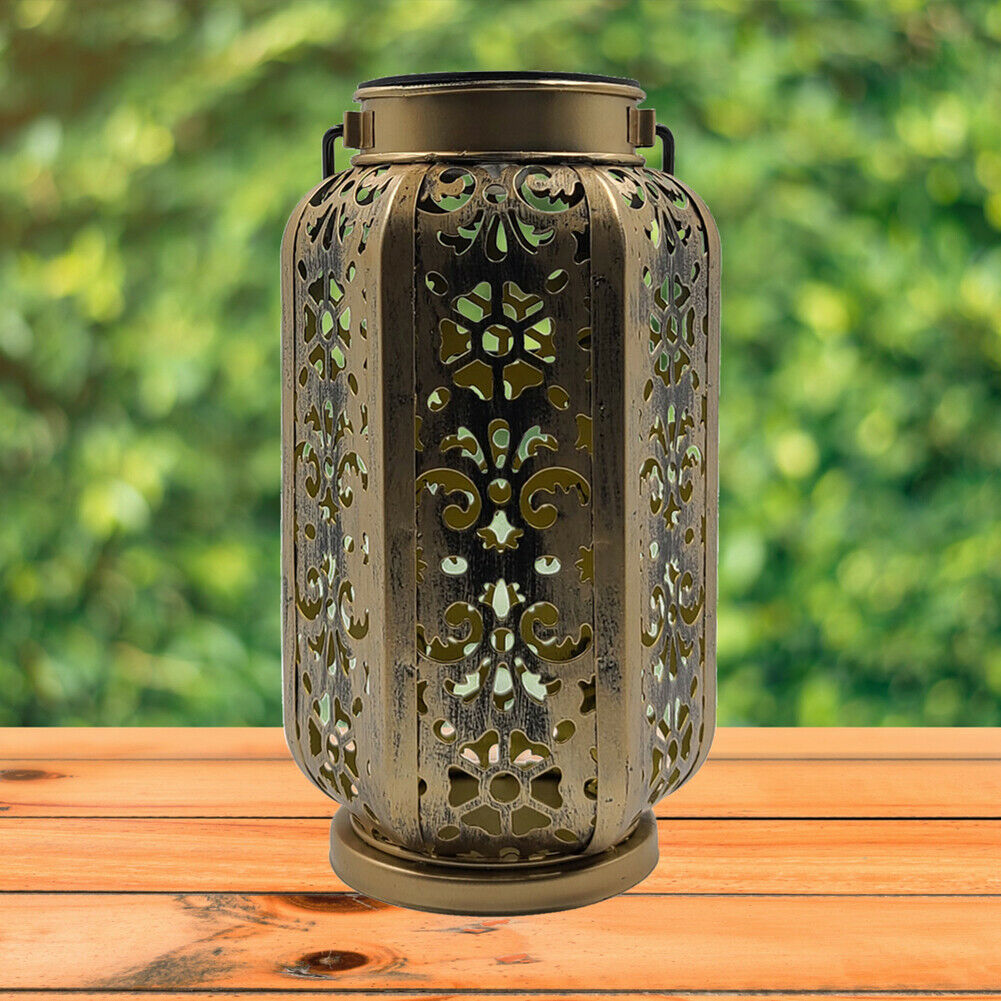 LED Solar Lamps Metallic Hollow Lantern Hanging Light Outdoor Garden Decor @