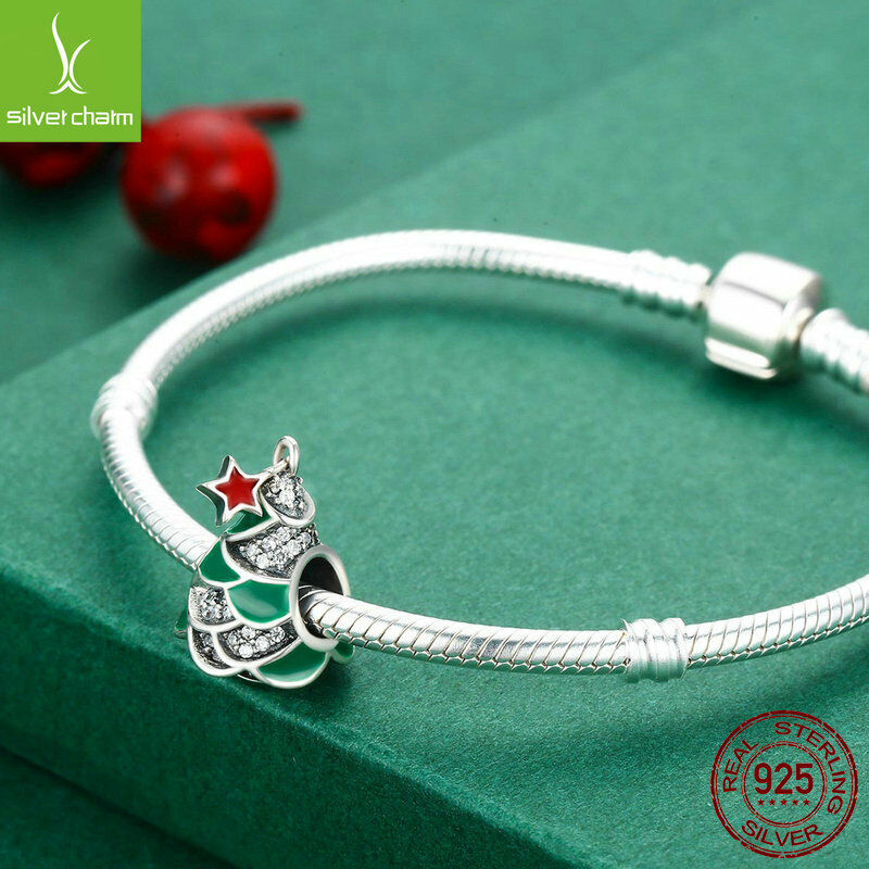 925 Sterling Christmas beads Tree & Star Clear CZ Charm Beads fit Women Bracelet