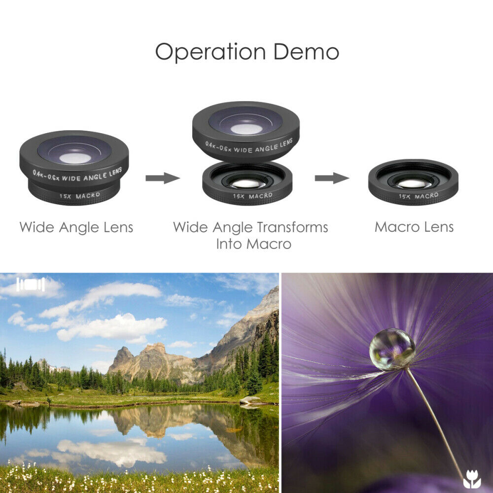 Universal 3-in-1 Fill-in Light  Wide Angle Macro Camera Lens Clip On for Phone