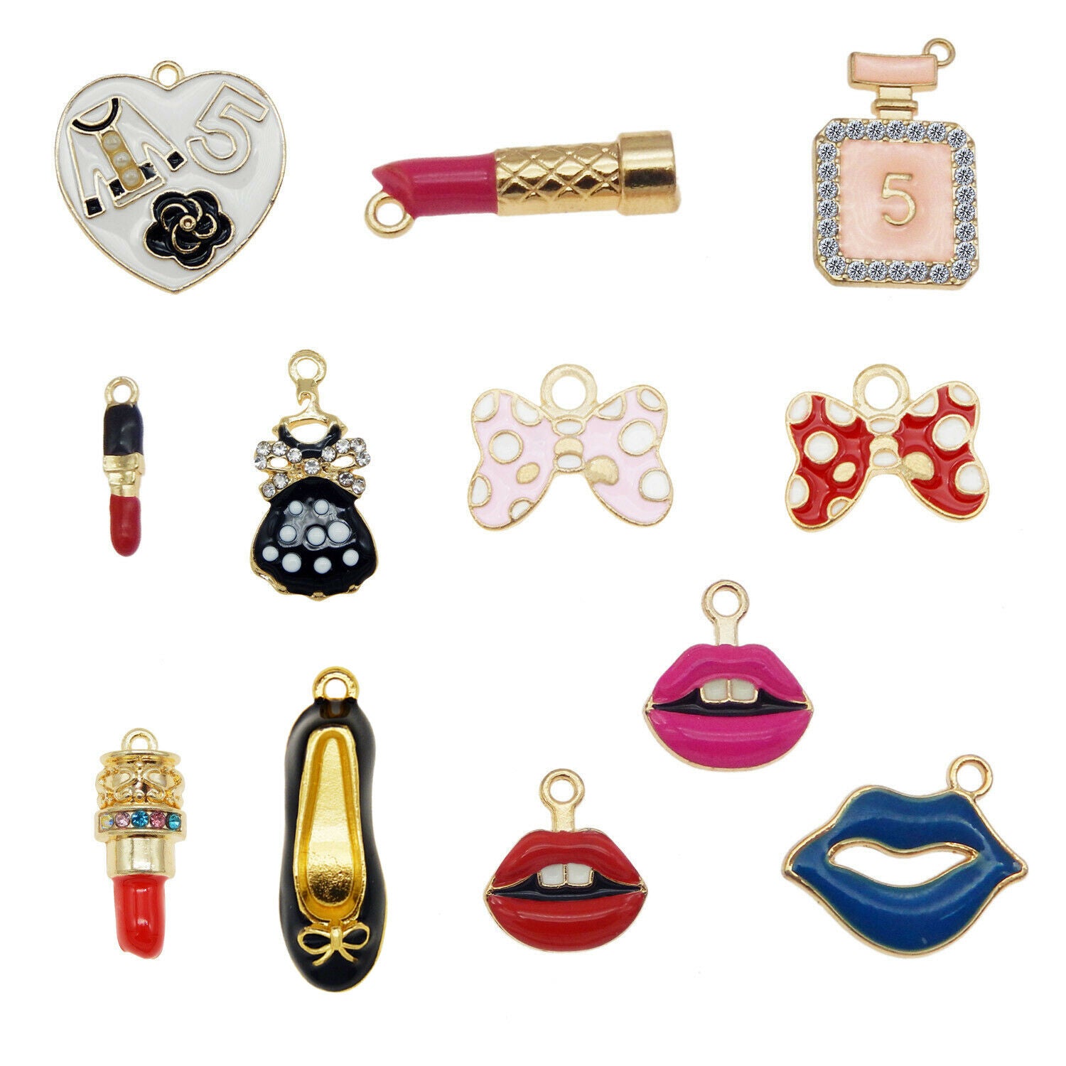 12pcs Alloy Enamel Cosmetic Lipstick Kiss Bag Pendant Charms DIY Accessories