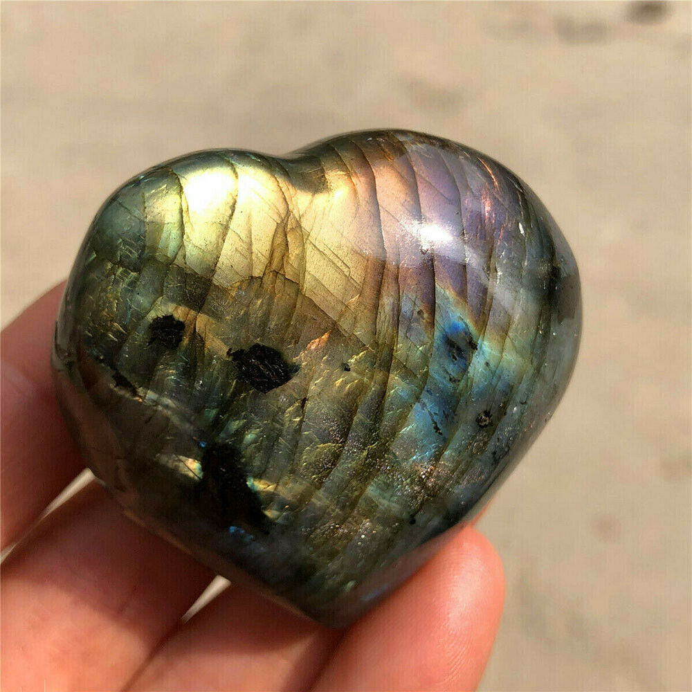 100% Natural Rainbow Labradorite Heart Quartz Crystal Carved Reiki Healing New