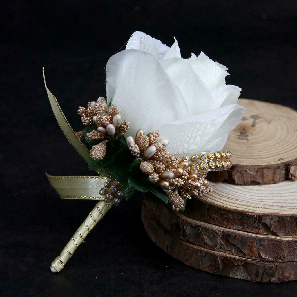 2pcs Wedding Boutonniere Corsage Fabric Rose Flower Brooch for Wedding Party