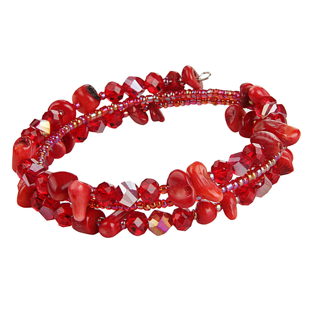 Adjustable 3 Rings Handmade Natural Crystal Bracelet Wrap Wristband Red