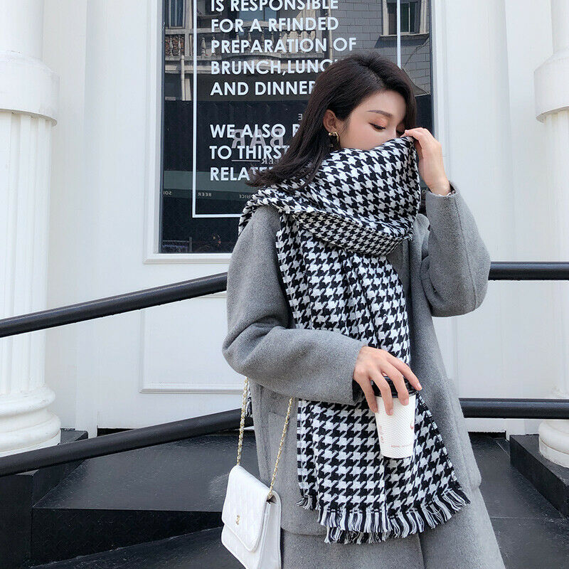 Ladies Houndstooth Scarf Shawl Wrap Faux Wool Black White Check Plaid Tassel