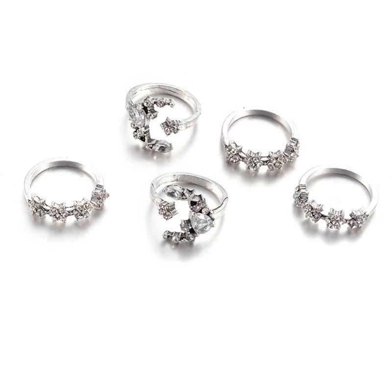5PCS Shiny Crystal Moon Star Fully Inlaid Cubic Zircon Finger Knuckles Ring Set
