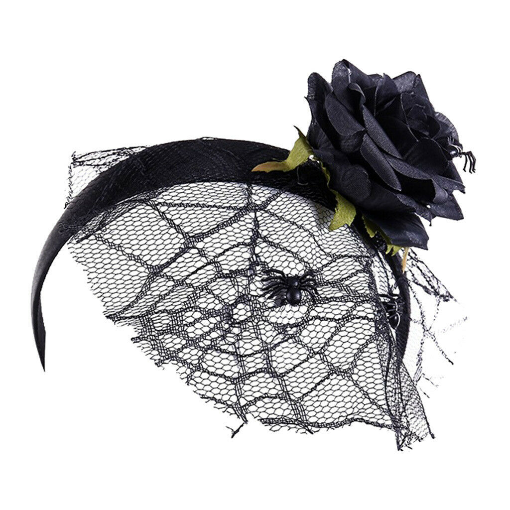 Black Flower Headband Veil Spider Headpiece Hair Band Masquerade Fancy Dress