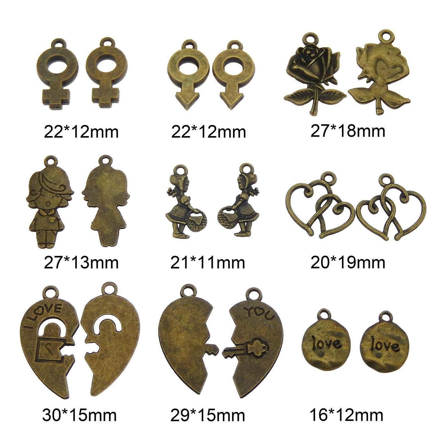 27 Mix Antiqued Bronze Love Symbol Pendant Charm Valentine's Day Jewelry Crafts