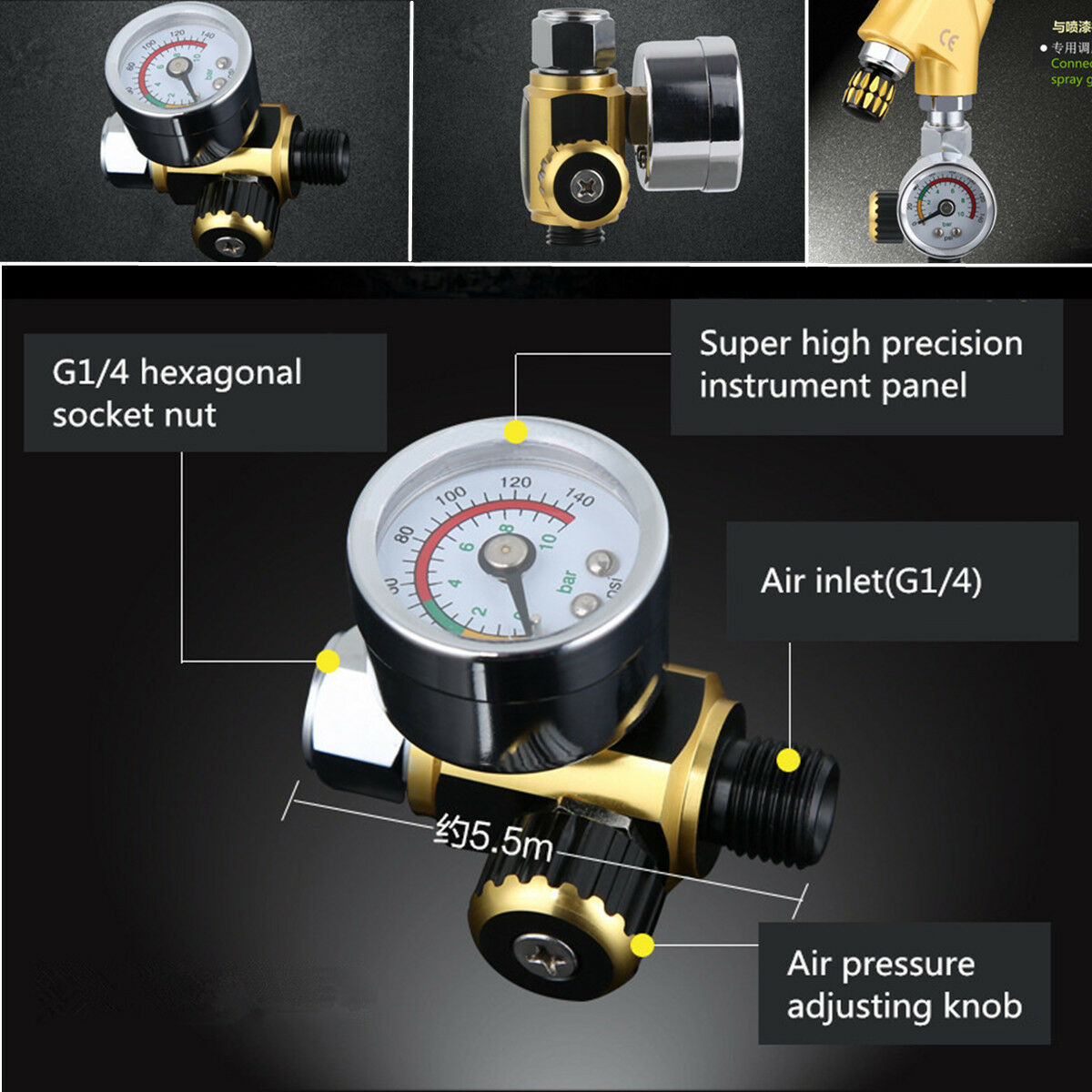 Metal Spray Paint Gun Air Pressure Regulator Spray Gun Pressure Gauge 0-0.10Mpa