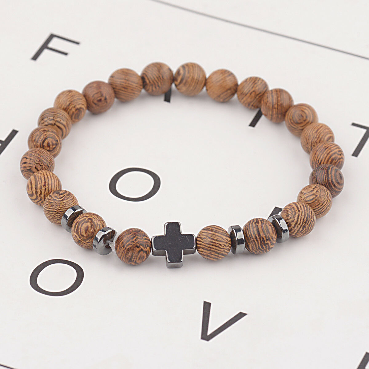 Hot Hematite Cross Wooden Bracelets Stretchy Bracelet Beads Wooden For Men Women