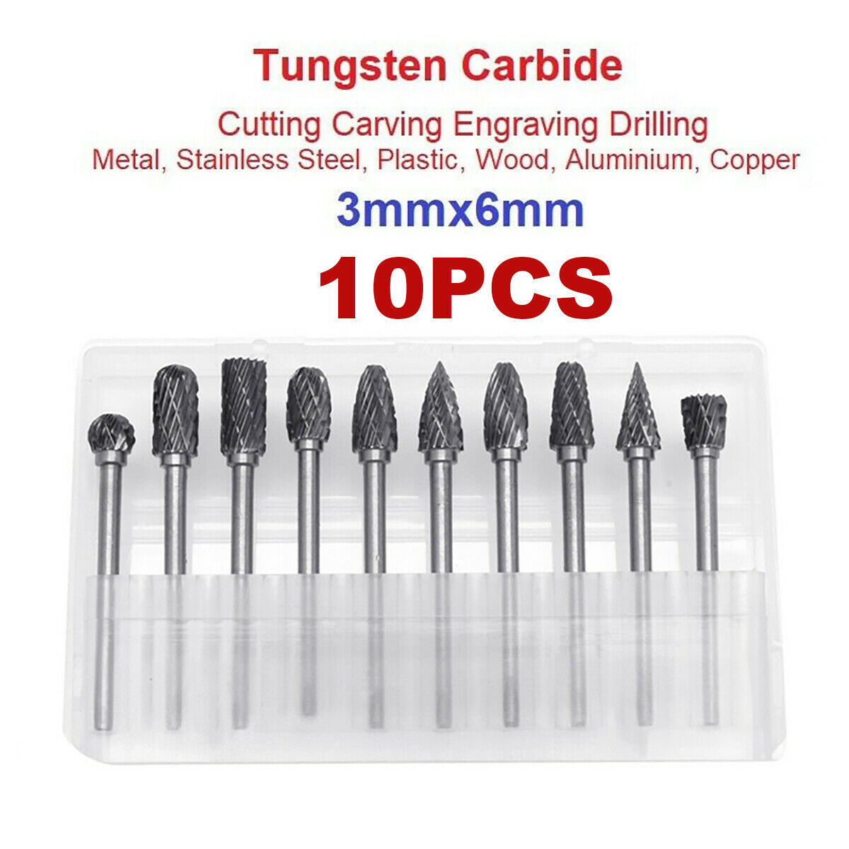 10Pcs Head Tungsten Carbide Steel Rotary Burr Die Grinder Bit Shank Carving Sets
