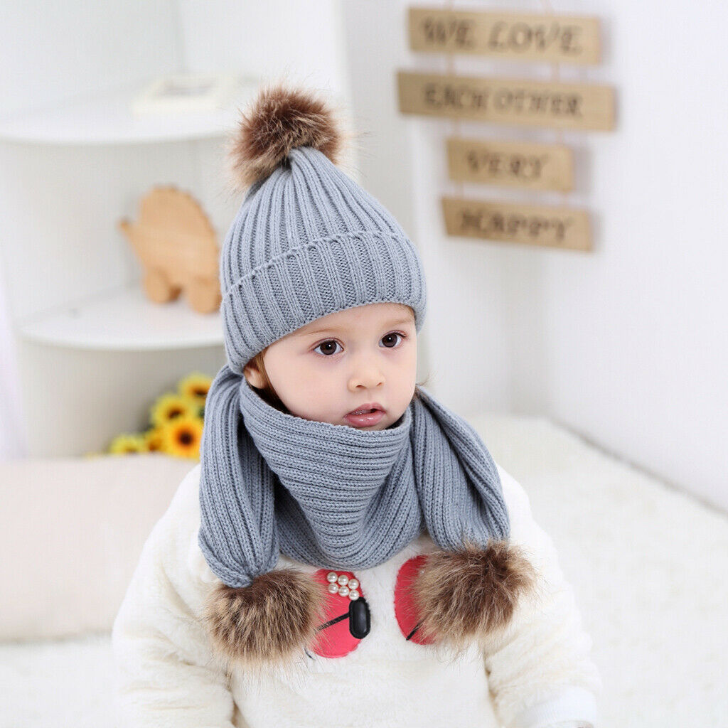 Toddler Kids Baby Winter Warm Pom Bobble Hat Knit Beanie   Scarf Set Black