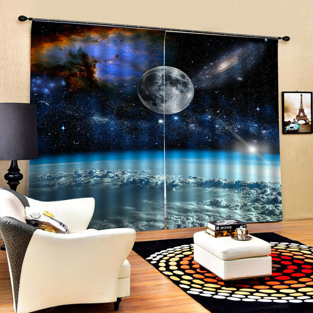 2 Pcs/Panels Outer Space Image Digital Printing Curtain Drapes Window Decor