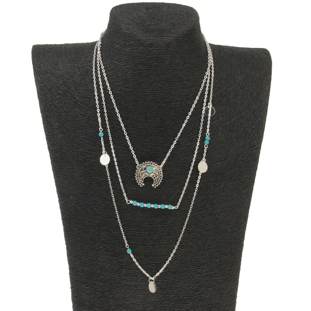 Retro Boho Turquoise Crescent Moon Pendant Multilayer Long Chain Necklace