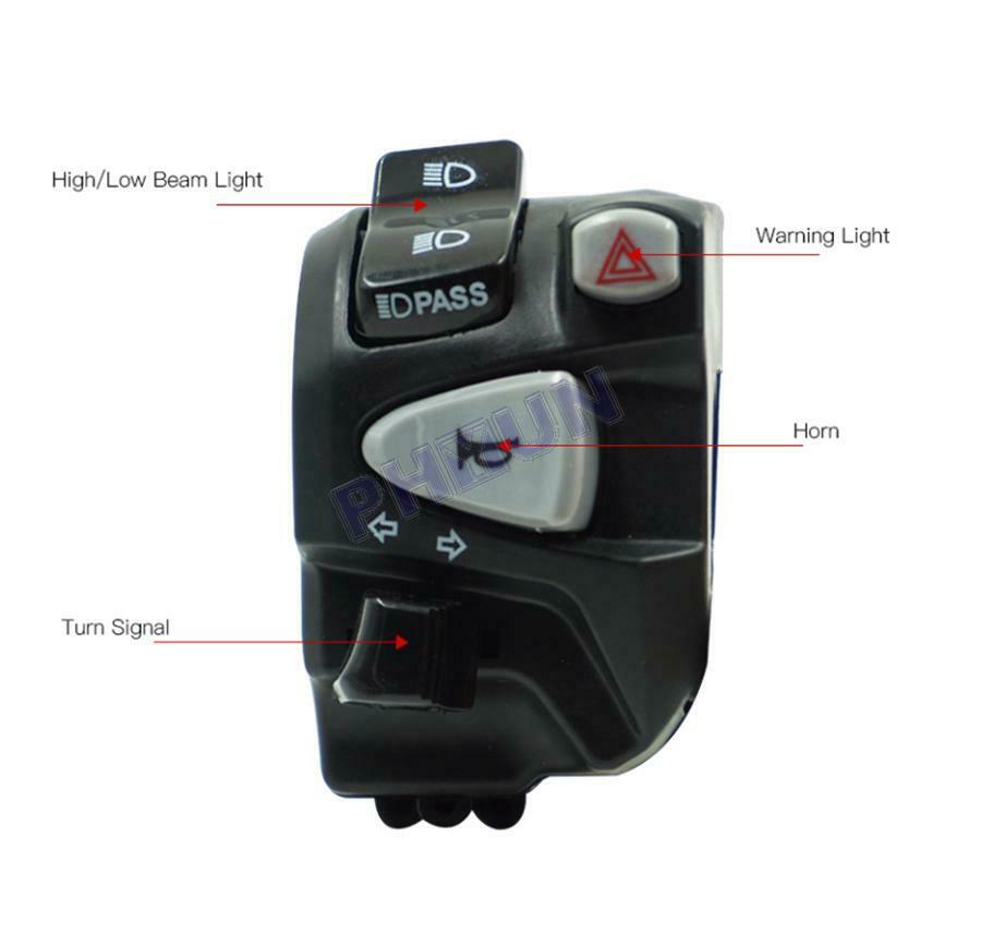7/8" Motorcycle Handlebar Switch For Horn Turn Signal Low/High Beam Headlight ON