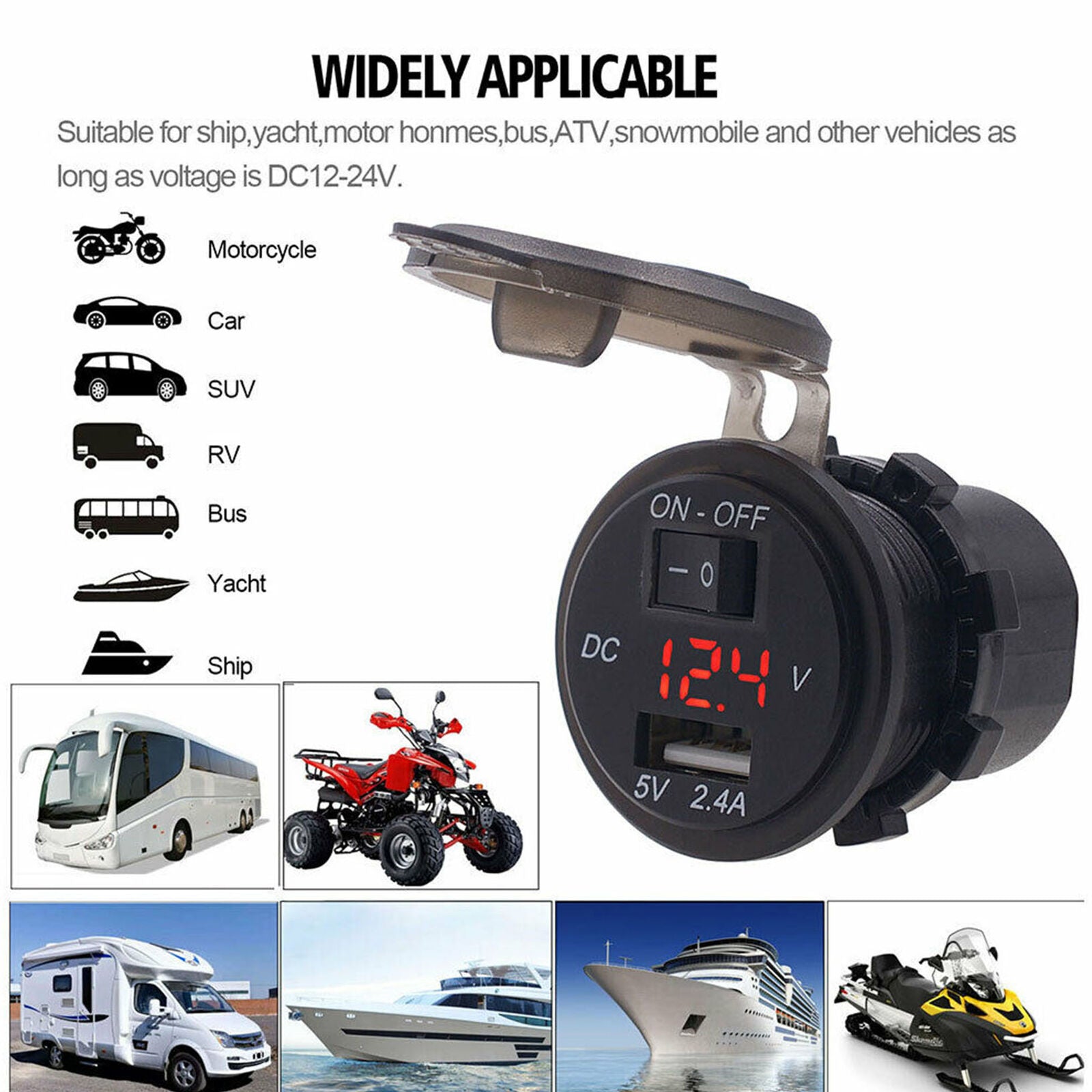 12V/24V USB Fast Charger Socket Outlet On&Off Switch For Car Motorcycle