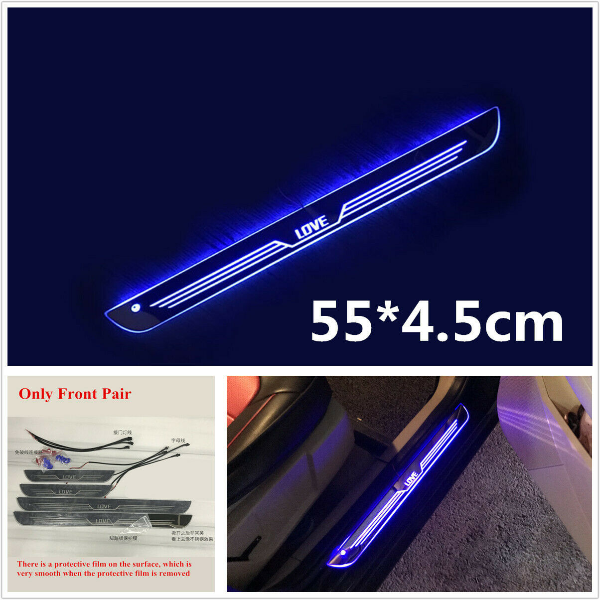 2PCS Blue LED Front Door Sill scuff Cover induction moving light Welcome lamp