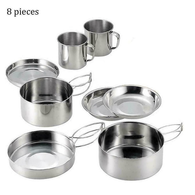8 x Steel Camping Cookware Cooking Picnic Pan Outdoor Pot Set Y9I4