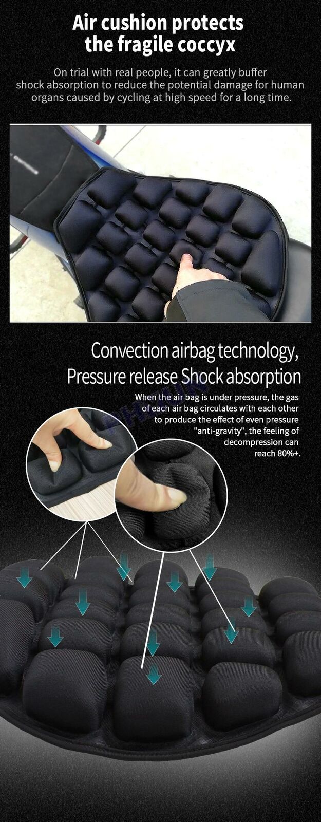 Universal Motorcycle Scooter Seat Inflatable Cushion Pressure Release + Air Pump