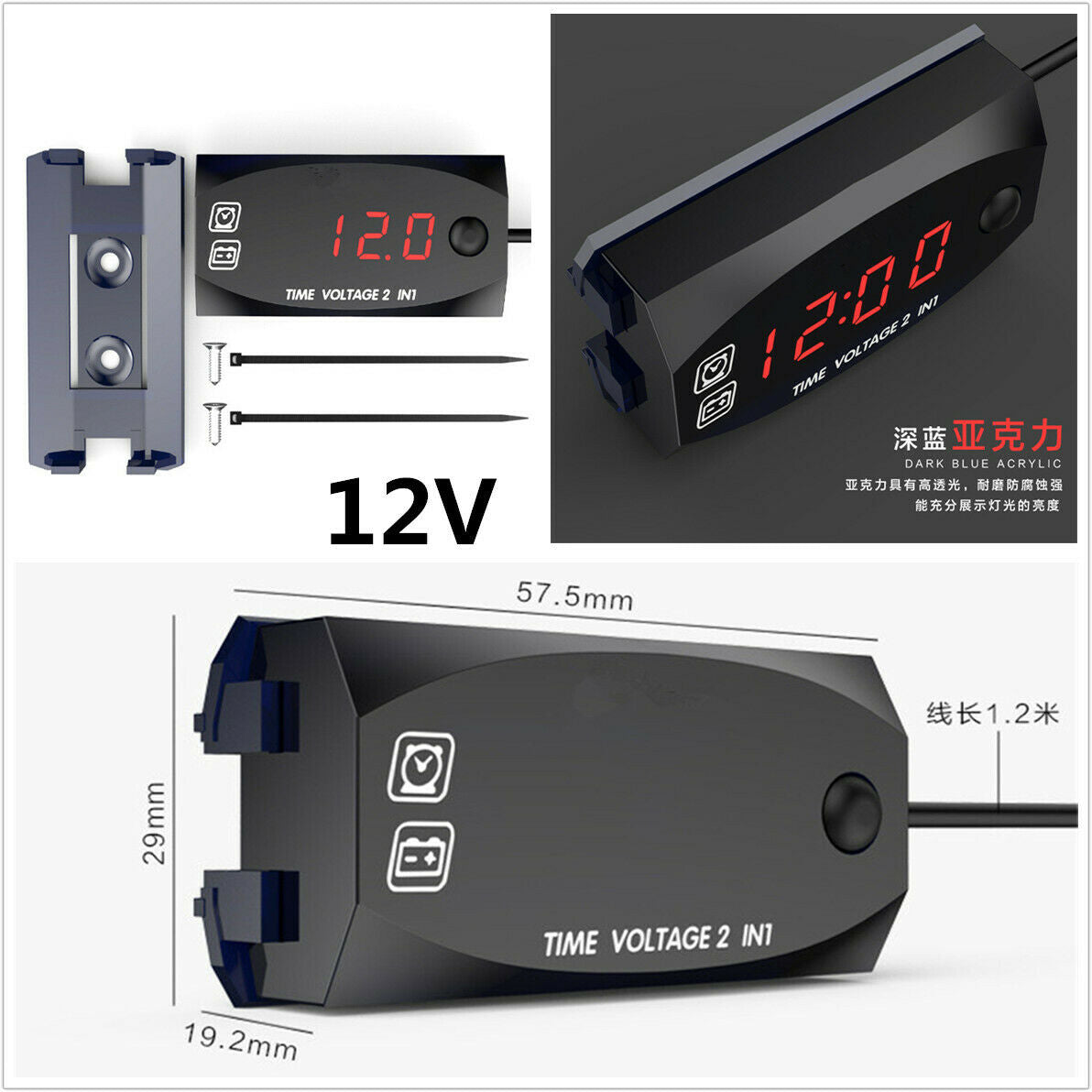 2 in 1 Design Mini Size Car Voltmeter & Clock Red LED Digital Display Waterproof