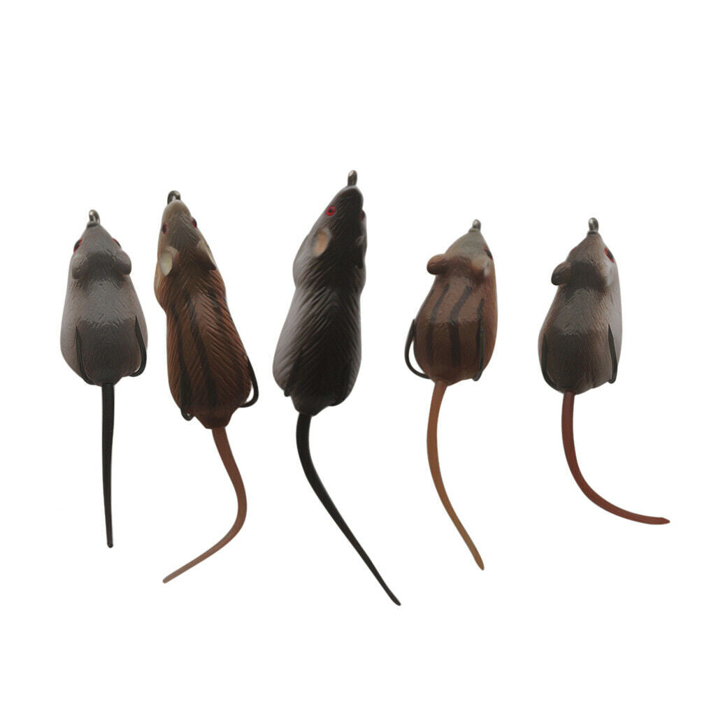 5x Top Water Mouse Lures Soft Mice Rats Fishing Baits Set with Tackle Box