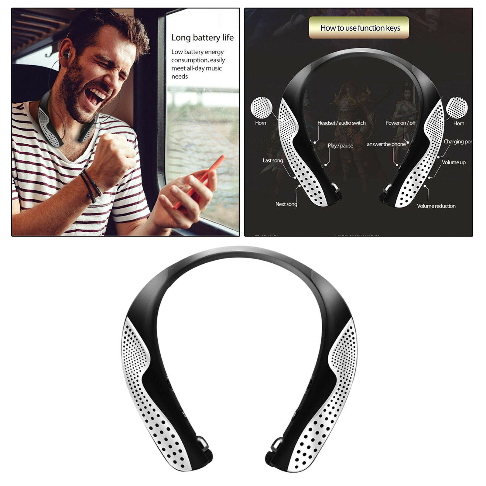 Neckband Wearable Wireless Speaker w/Retractable Earbuds with Mic Handsfree