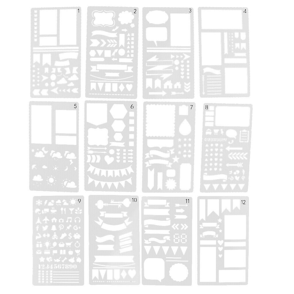 12x Journal Stencil Plastic Drawing Template Stencils for DIY Planner Diary
