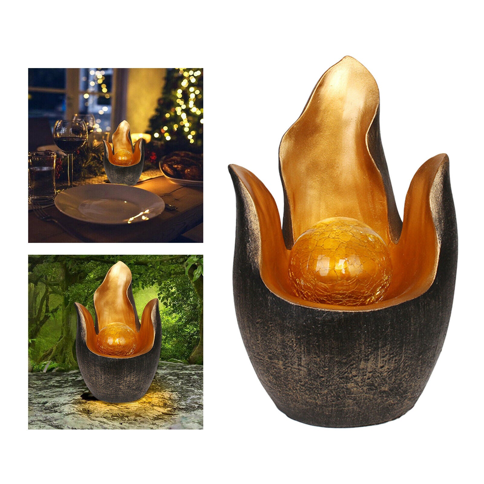 Polyresin Flower Warm White Solar Light Amber Crackle Globe Glass Decoration