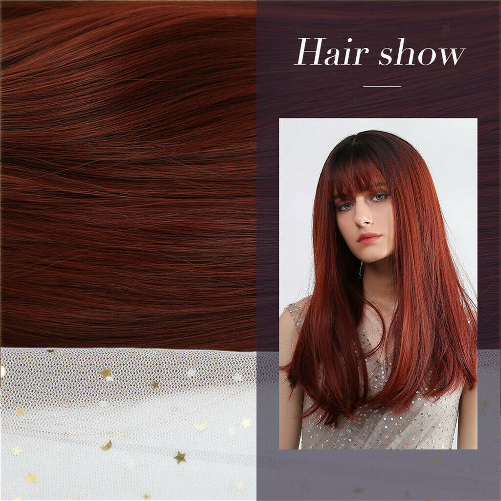 20'' Charming Straight Synthetic Wigs W/ Neat Bangs Ombre Wine Red Women Wig