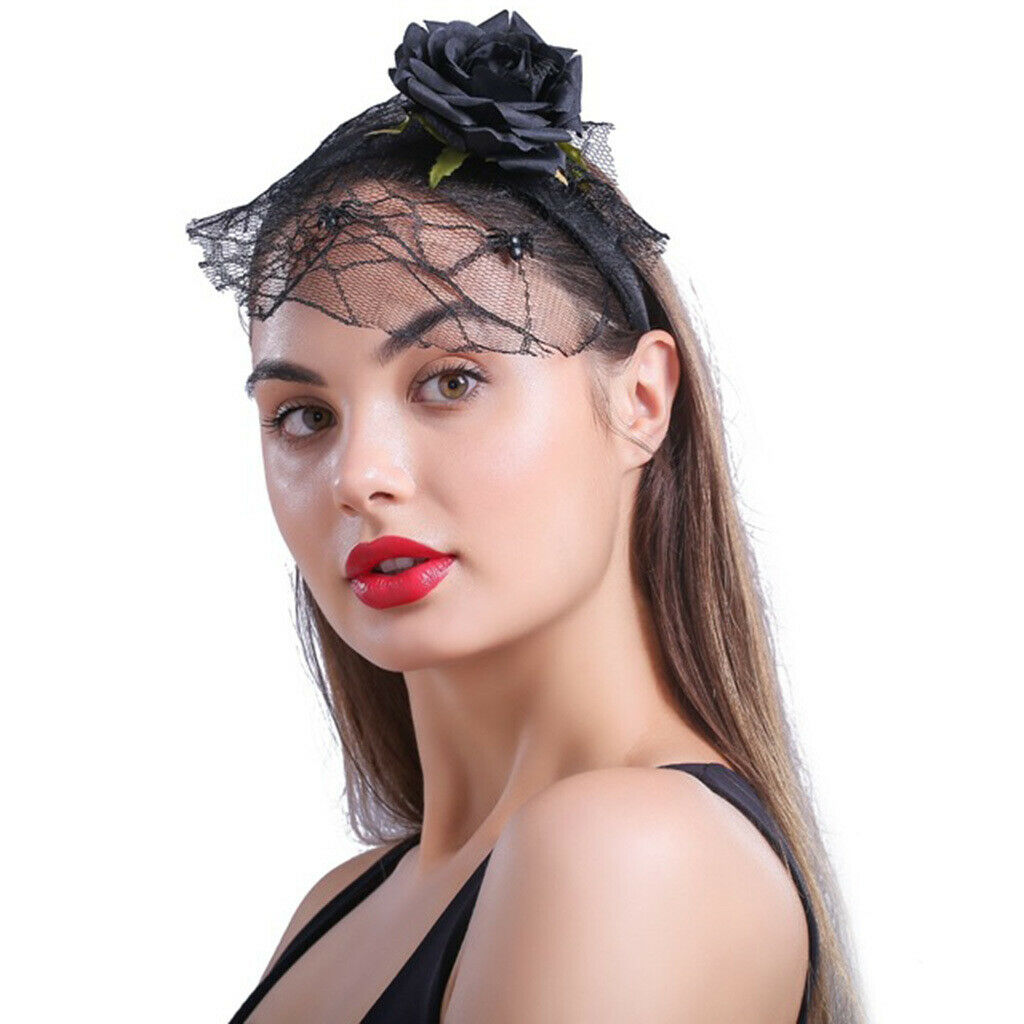 Black Flower Headband Veil Spider Headpiece Hair Band Masquerade Fancy Dress
