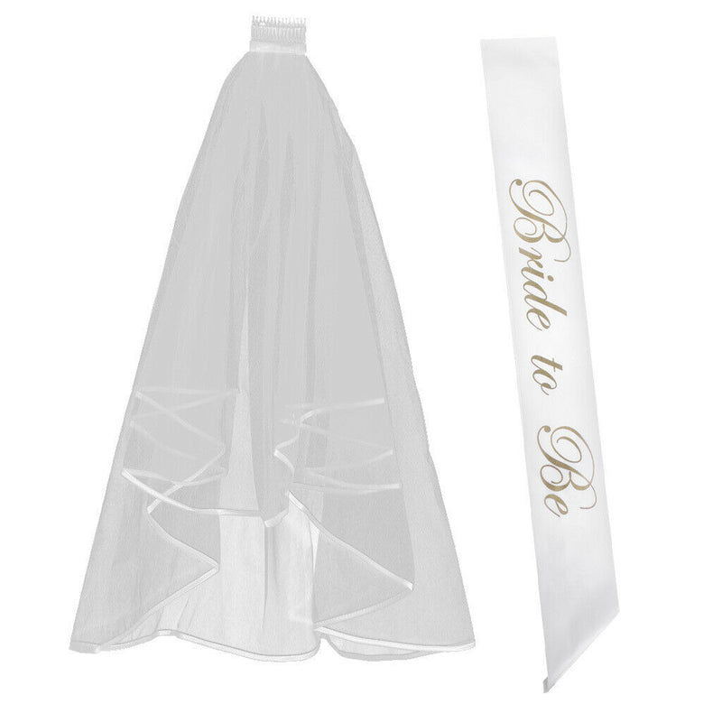 Tiara and White Edge Center  Bridal Wedding Veil with Comb and Satin Sash