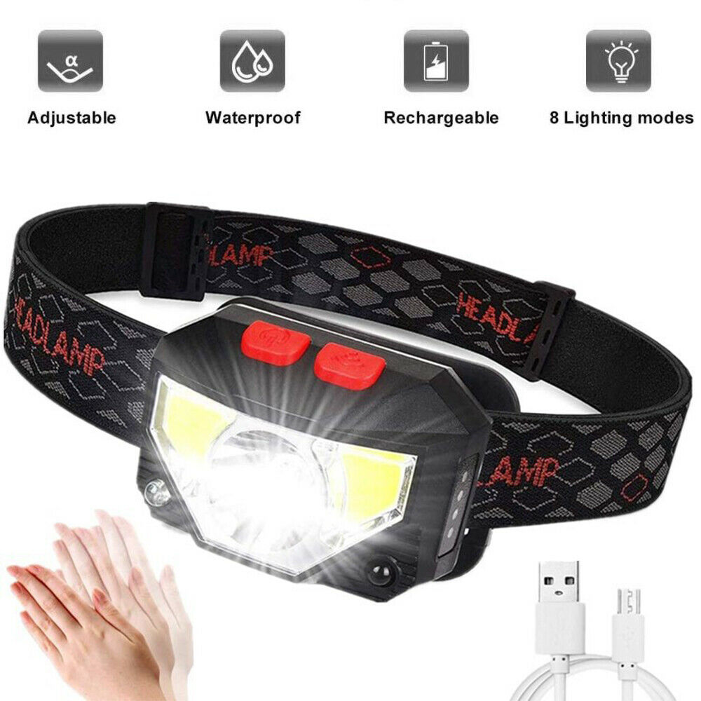 USB Rechargeable Waterproof Headlight Super Bright Head Torch Headlamp Camping
