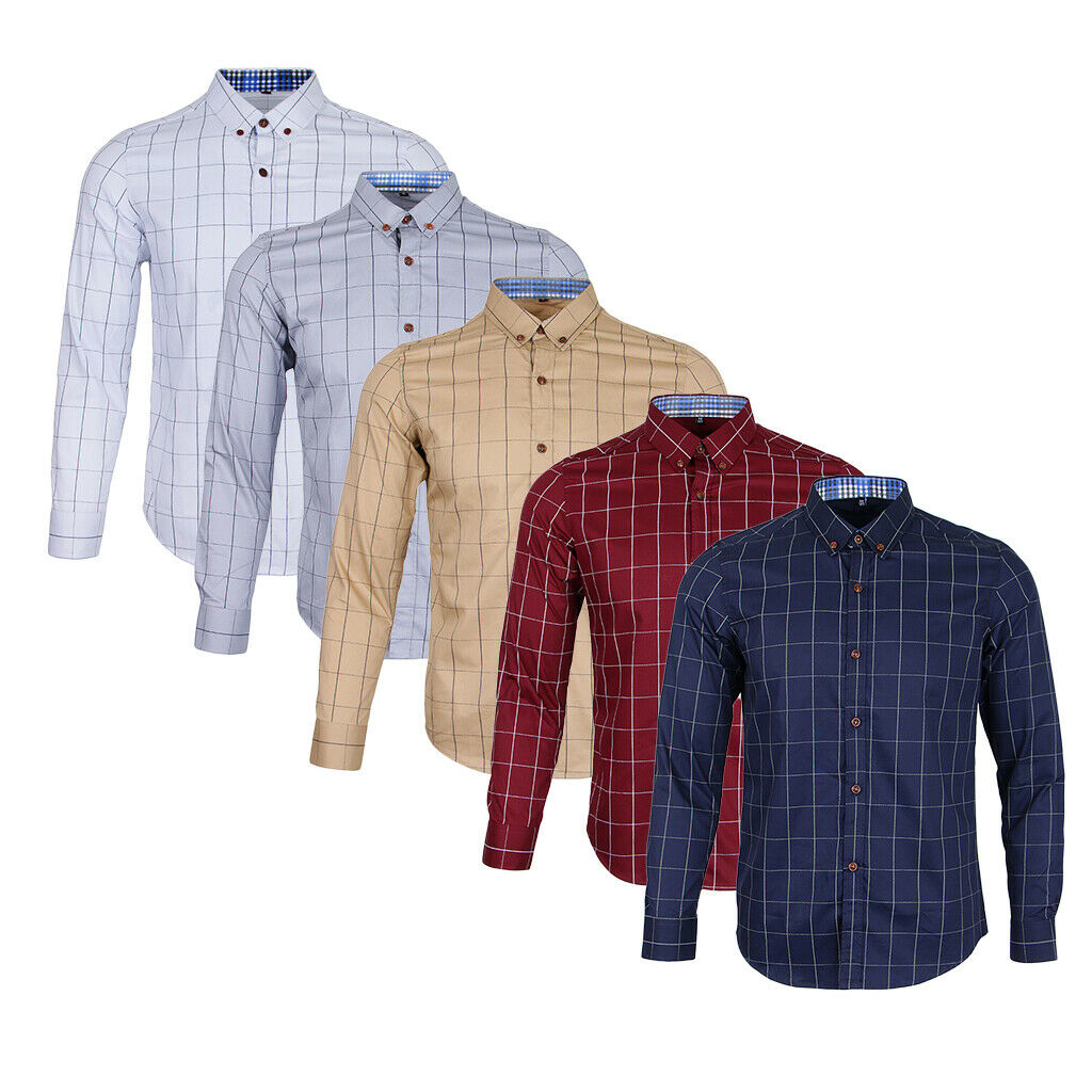 Mens Classical Plaid Print Shirt Cotton Causal Long Sleeve Shirt M White