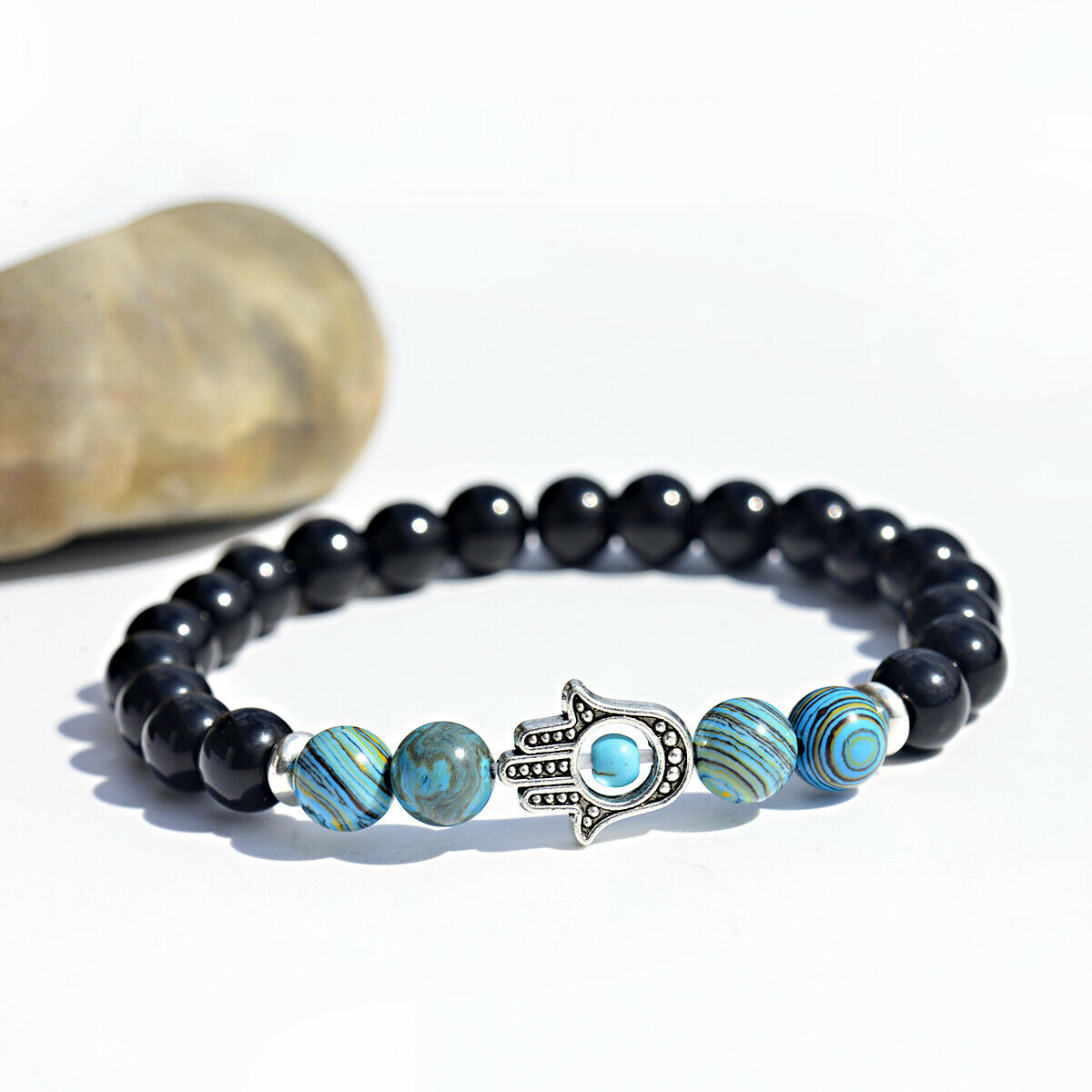 New Fashion Man Malachite Bracelets Lava Stone Stretch Hand Of Fatima Hamsa Hand