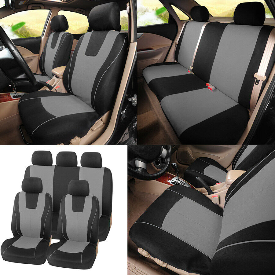 1 Set 5-Seater Black+Gray Car SUV Seat Covers Cushion w/Hooks Washable Universal