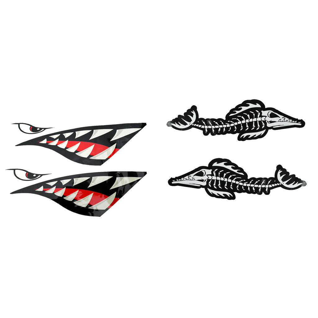 4 Piece Shark Teeth Mouth with Fish Skeleton Decals Stickers for Kayak Boat