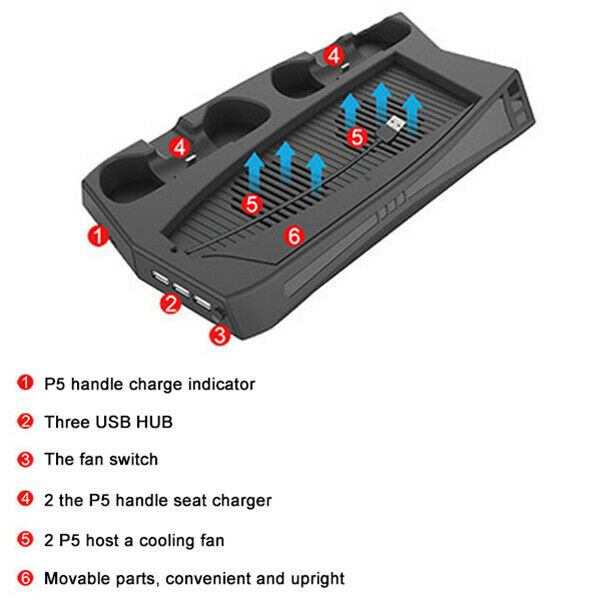 4 IN 1 Stand + Fan + Controller Charging Station + USB Hub fit for PS5 UHD/DE