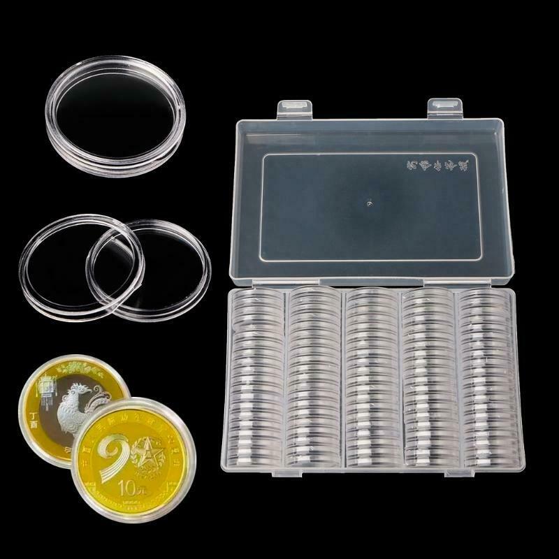 100 Coin Holder Capsules 27mm Round Box Plastic collectibles Storage Organizer