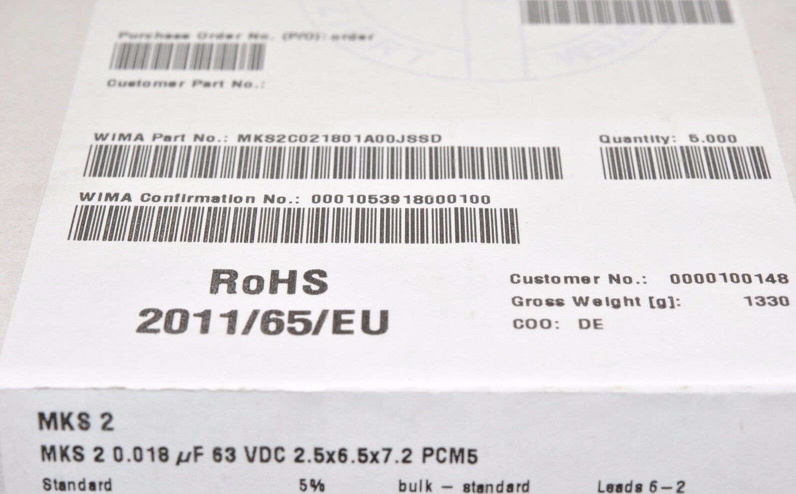 10pcs - WIMA MKS2 0.018uF (18nF) 63V 5% pitch:5mm Capacitor MKS2C021801A00JSSD