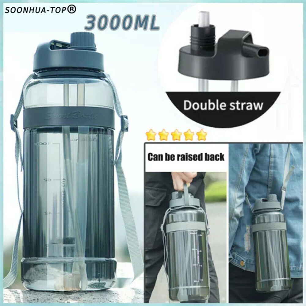 3L Sport Water Bottle Carrying Loop Gym Large Capacity Bottle Dual Straw Gray
