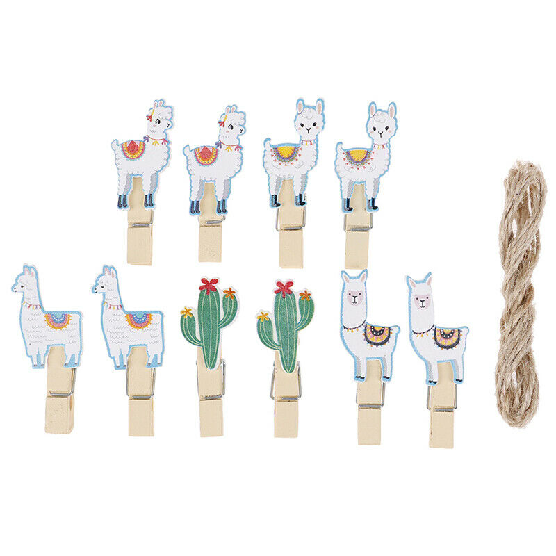 10pcs Cactus Alpaca Llamas Wooden Clips with Rope Photo Clips Hawaiian Decor JDD