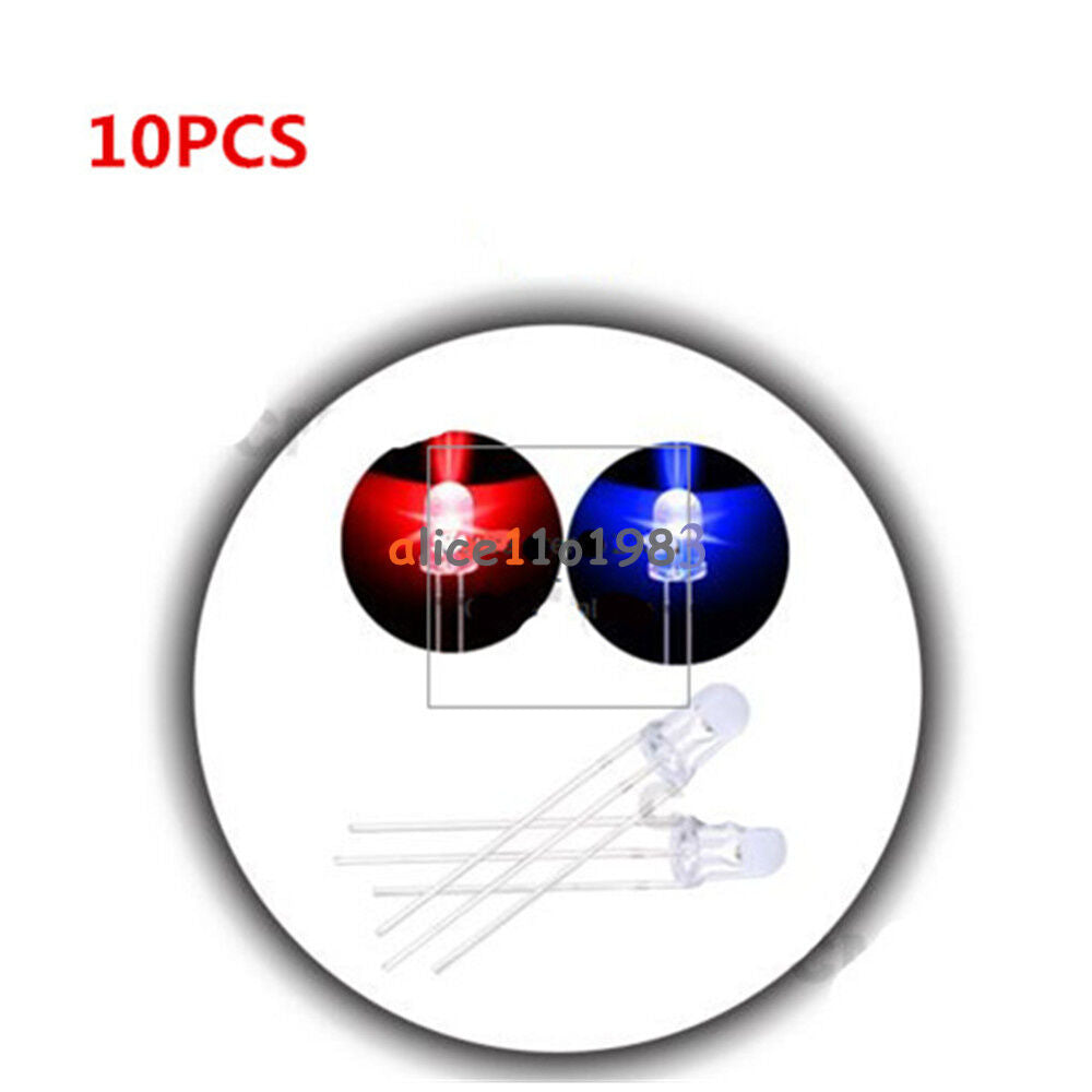 10pcs 5mm Dual Bi-Color Red/Blue 3Pin LED Common Cathode Water Clear LED Diode
