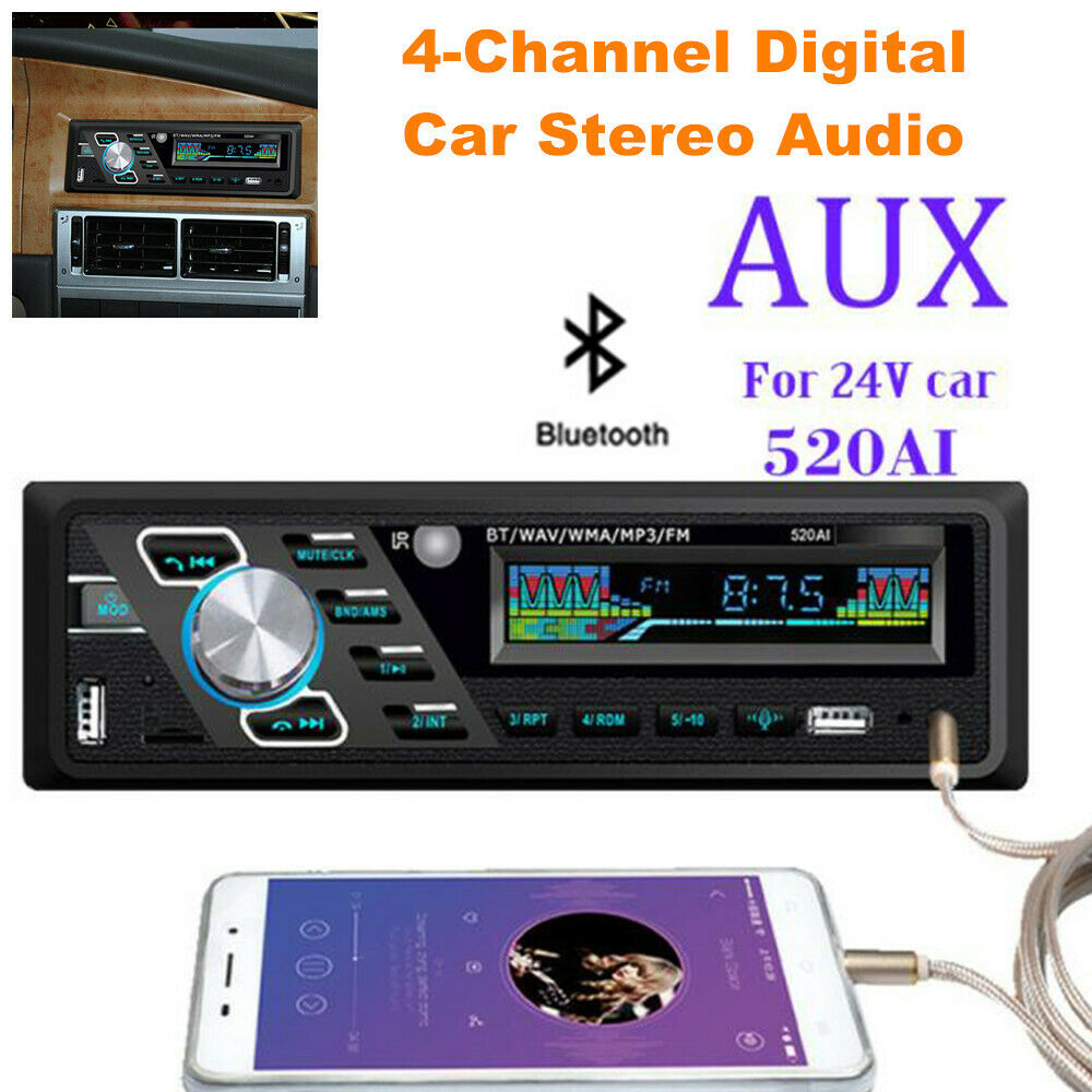 24V 4-Channel Digital 1 Din Car Stereo Audio Bluetooth USB/SD/FM/WMA/MP3 Radio