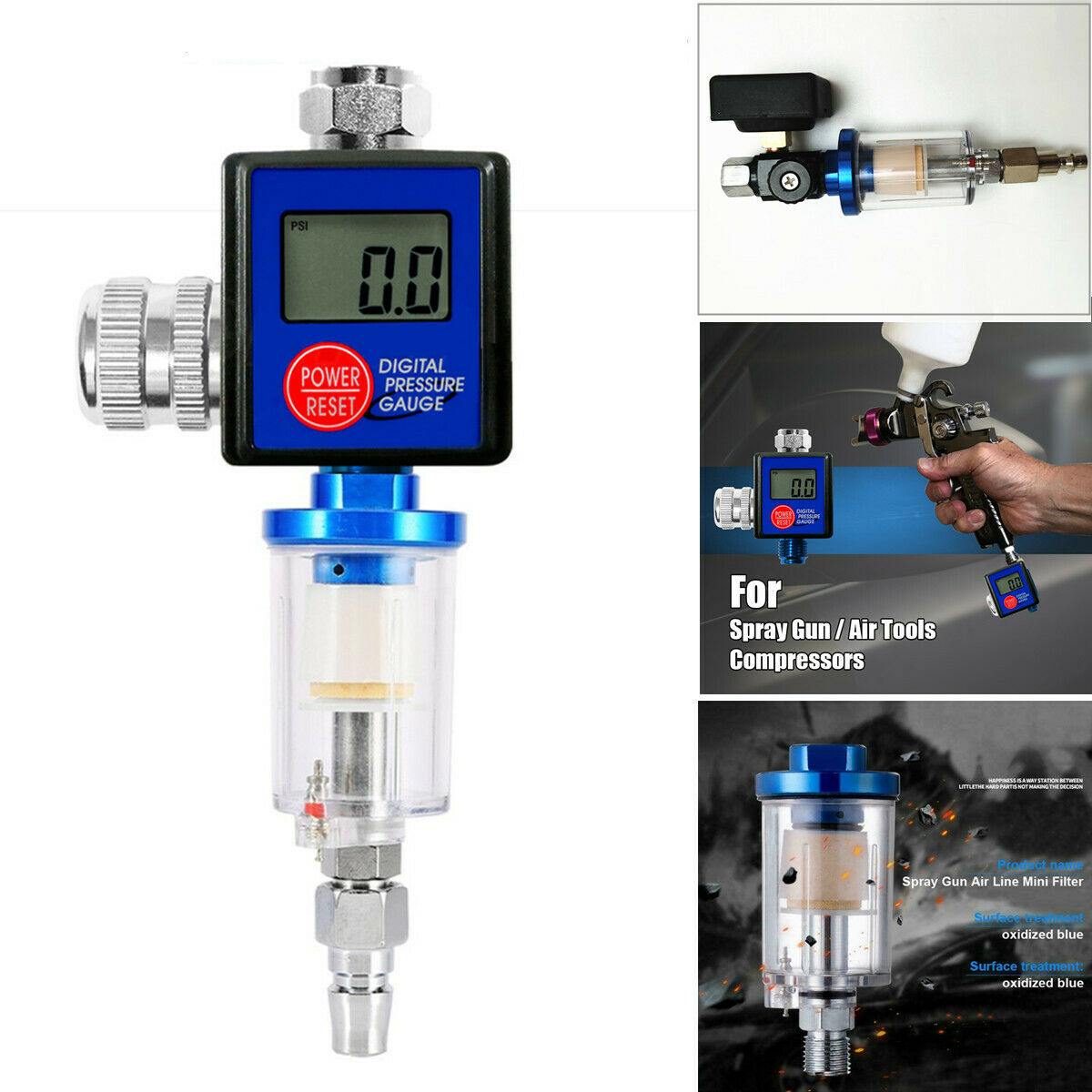 Digital Spray Paint Gun Air Pressure Regulator Gauge Water Trap Filter Tool