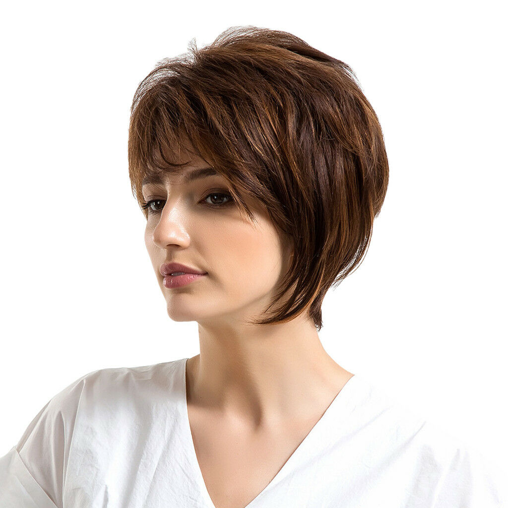 Short Human Hair Wig Deep Brown Color Layered Curly Wig Daily Party Heat OK