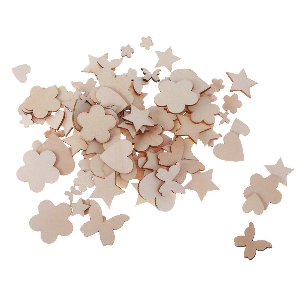 100pcs Assorted Wood Shape Heart Plum Flower Star Ebellishments For