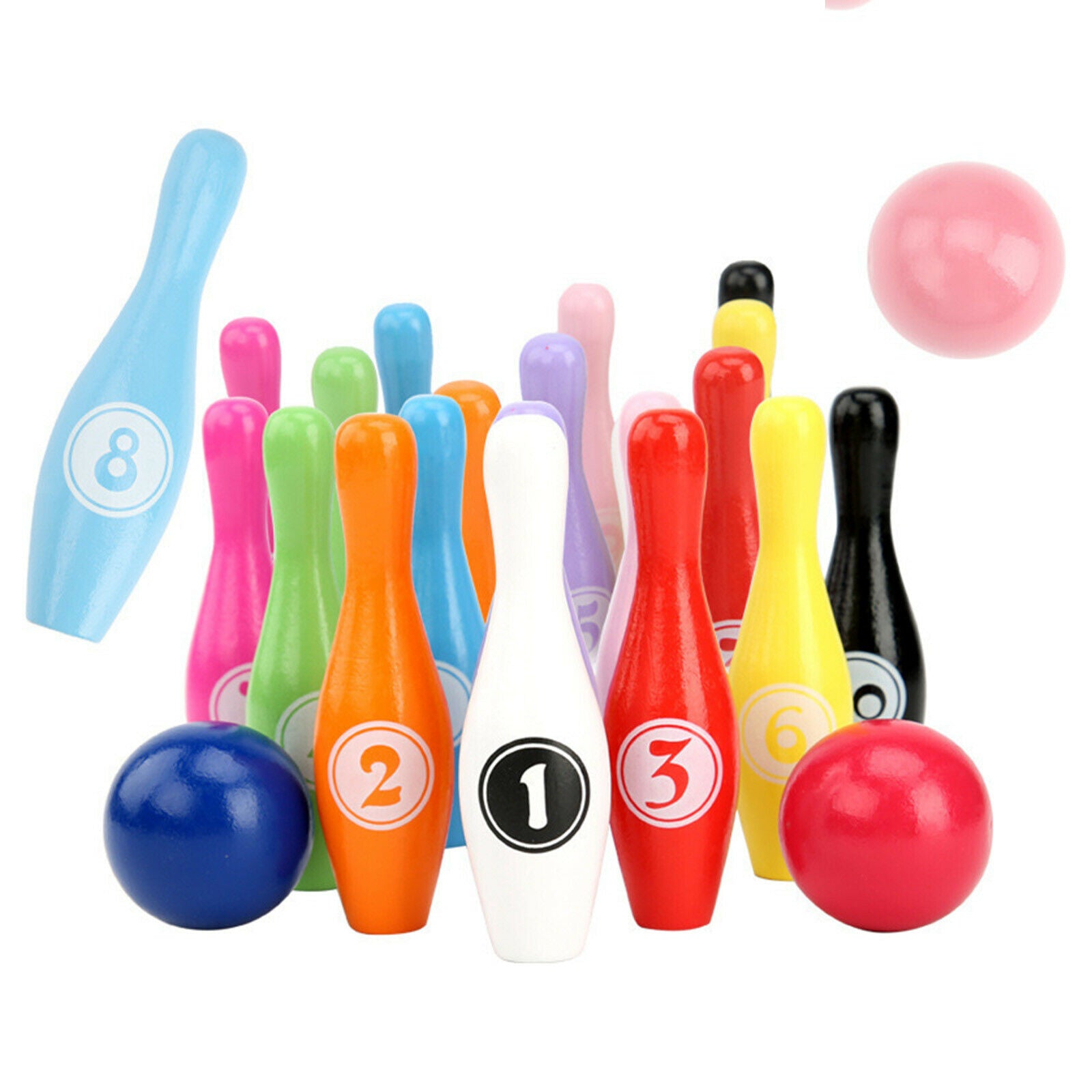 Wooden Bowling Game Set Pins & Balls Education Outdoor Sports Fun Family Toys