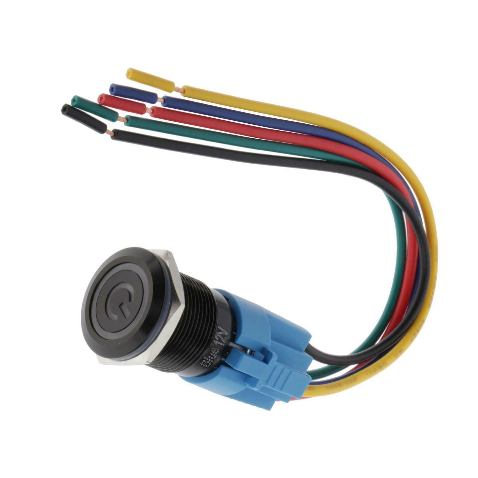 12V Black Latching Push Button Power Switch IP67 Waterproof Blue LED